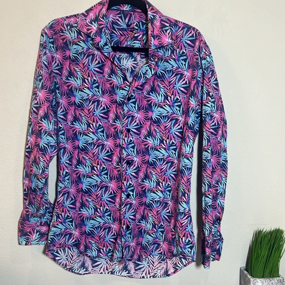 Bertigo Floral Palm Print Button Front Long Sleeve Shirt Small